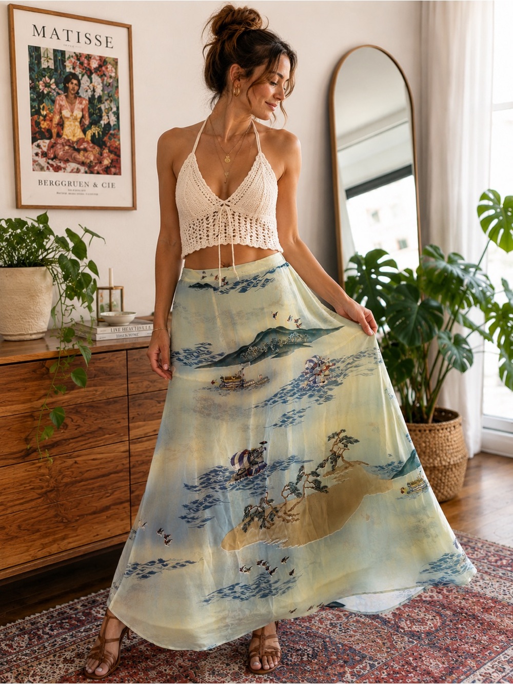 Vintage Citron Santa Monica Silk Japanese Landscape Wave Print Maxi Skirt Sz Med